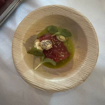 Kleiner Teller mit rohem Thunfisch, Sesam, Sprossen und grüner Sauce, serviert bei der Sashimi-Verkostung im Linsberg Asia.